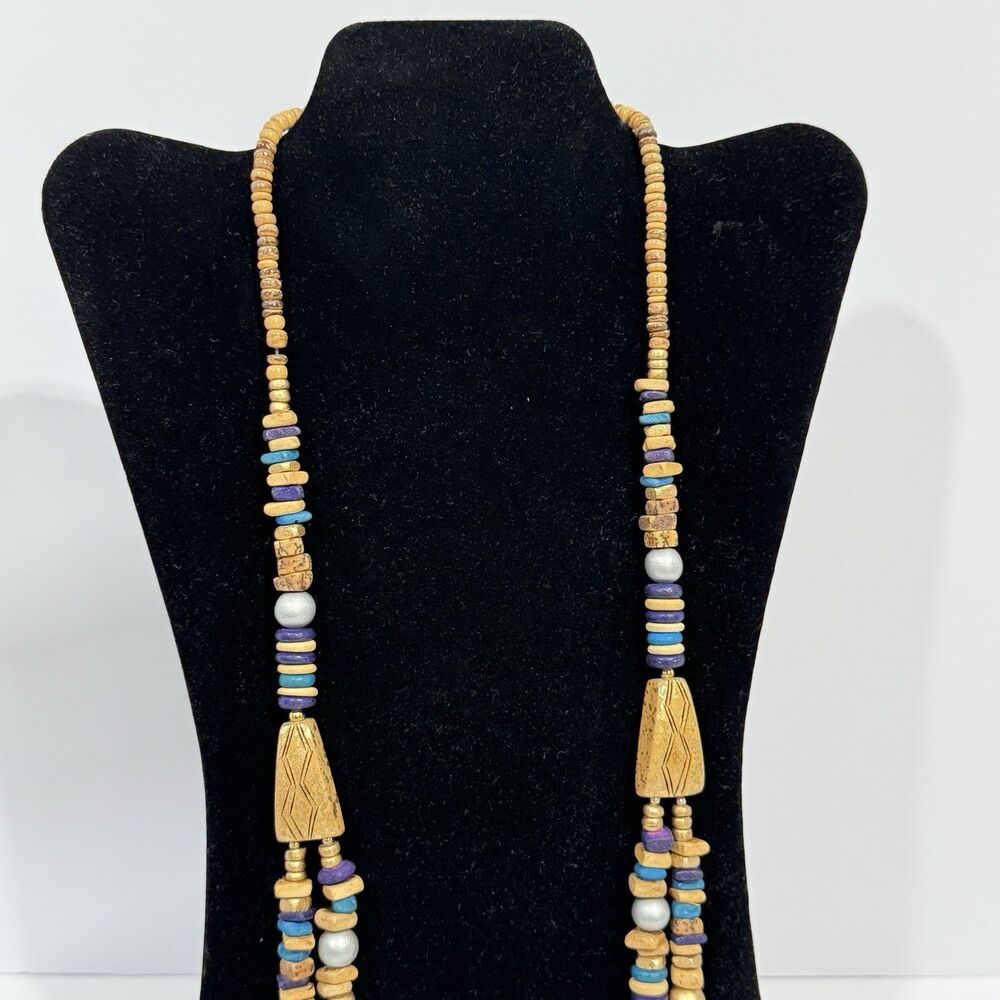 Vintage Casual Corner Double Strand Beaded Necklace Boho Wood Gold Tone Signed - Picture 14 of 16